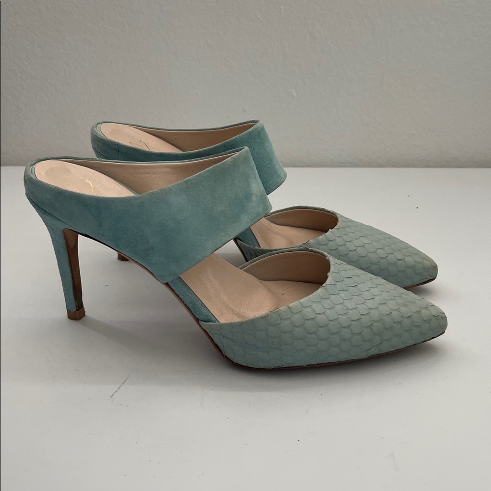 Joan Oloff Snakeskin and Suede Leather Muted Aqua Blue Green Mules Heels Size 7